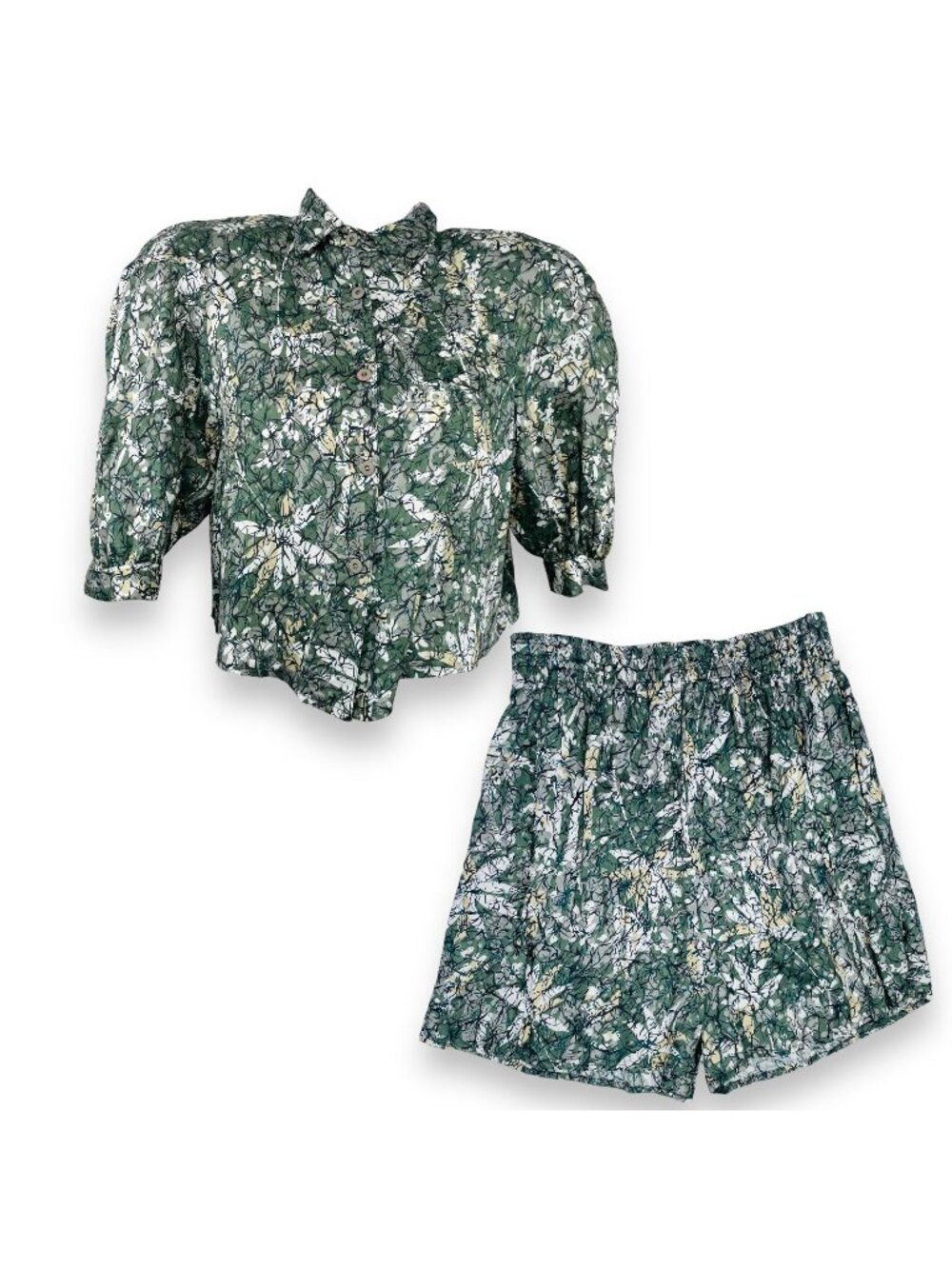 Vintage 1980s 80s Womens Green Camo Floral Matching Shorts Outfit Set Small / S